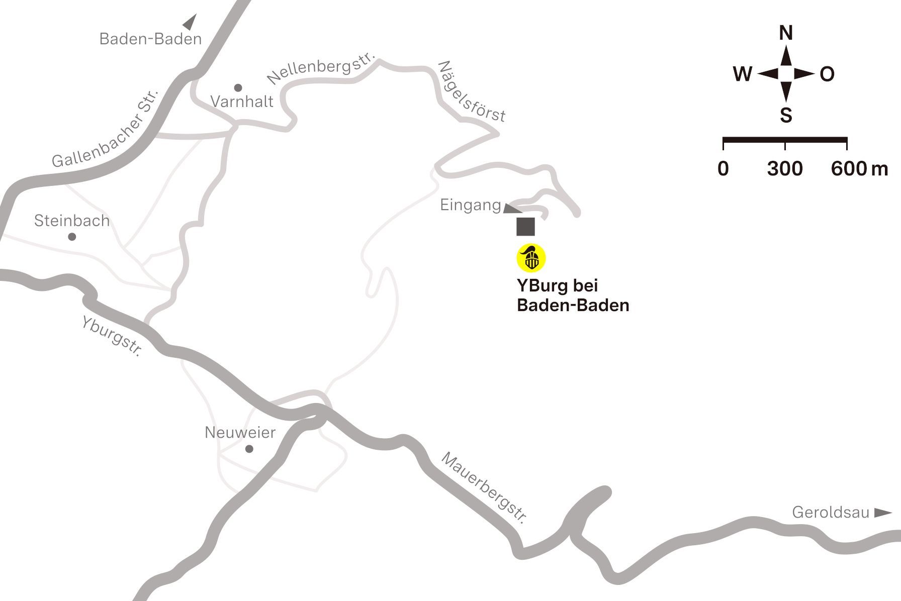 Entwurf: Staatliche Schlösser und Gärten Baden-Württemberg, JUNG:Kommunikation Anfahrtsskizze zur Yburg bei Baden-Baden